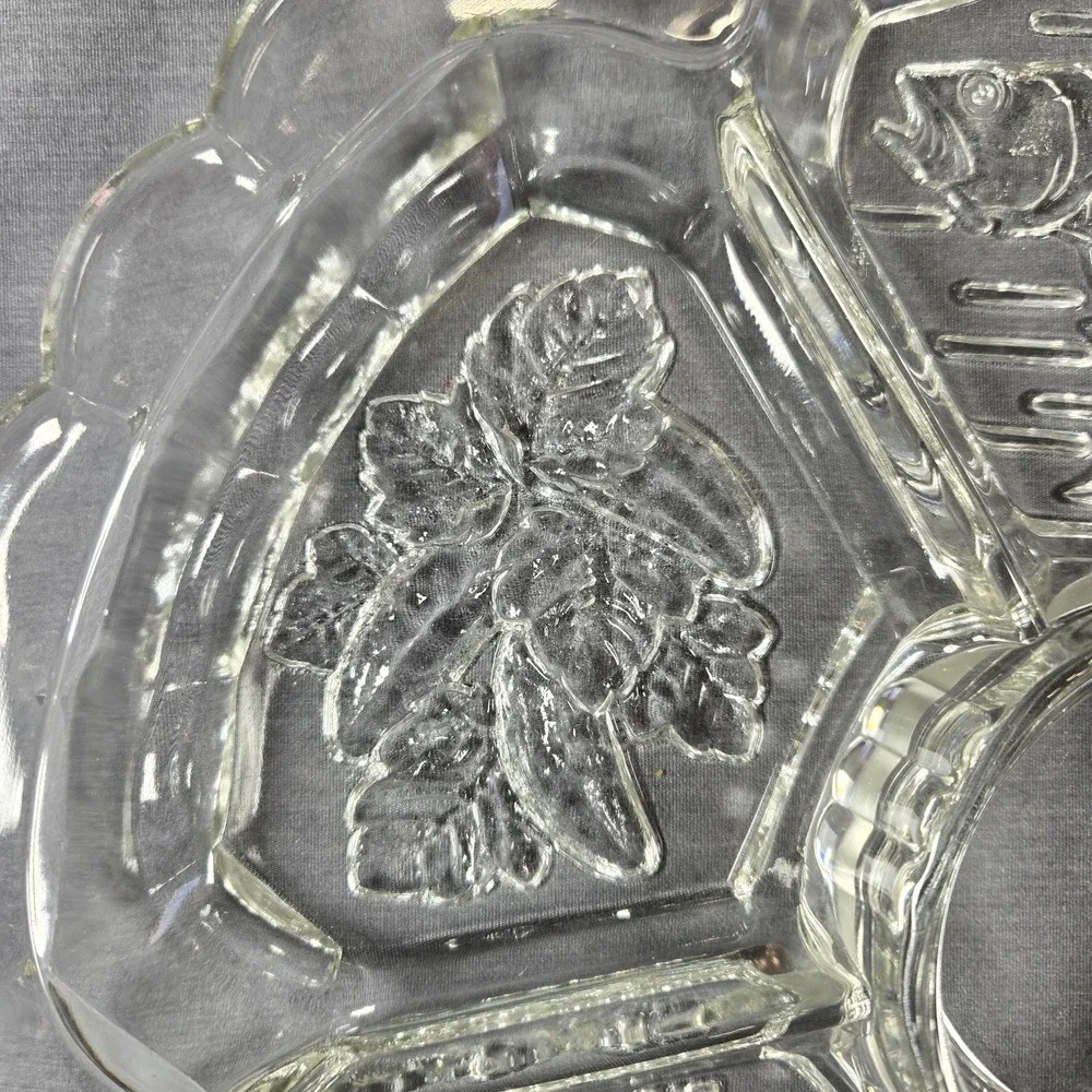 Vintage Clear Pressed Glass Divided Relish Tray‎ 5 Section Scalloped Floral 12